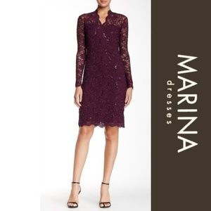 Marina Merlot Long Sleeve Lace Dress